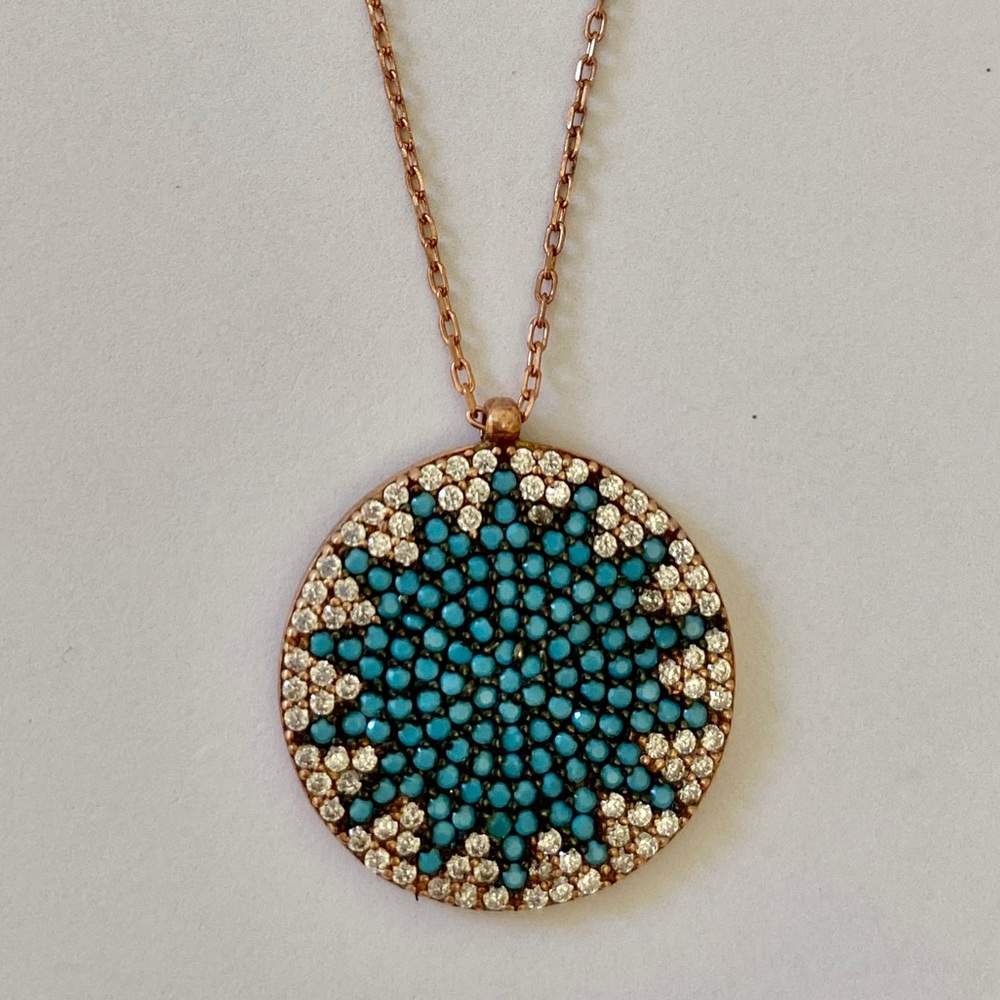 925 Silver blue sun necklace cz turquoise stones